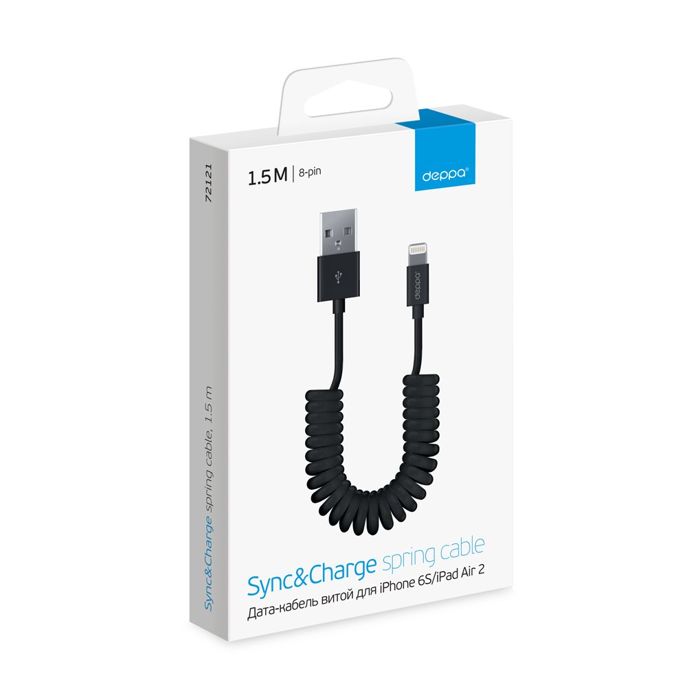 Кабель зарядки Deppa Sync&Charge spring cable Lightning 1.5m Black (72121) для iPhone/iPad/iPod