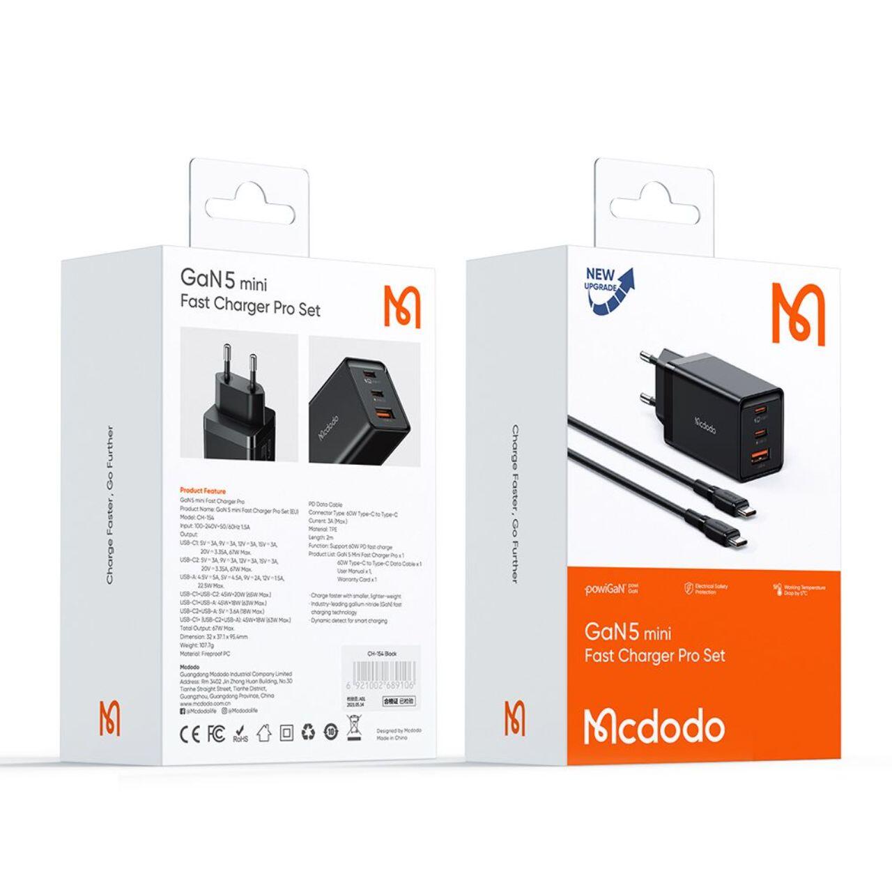 Сетевое зарядное устройство Mcdodo 67W GaN 5 mini (CH-1543) with Type-c to Type-c Cable 2m Black