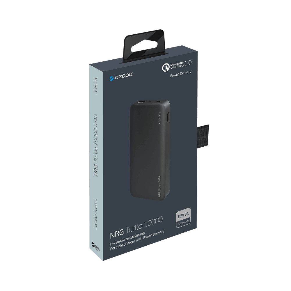 Внешний аккумулятор Deppa NRG Turbo 10000 mAh, 18Вт, USB, Type-C, QuickCharge 3.0, Power Delivery Черный (33518)