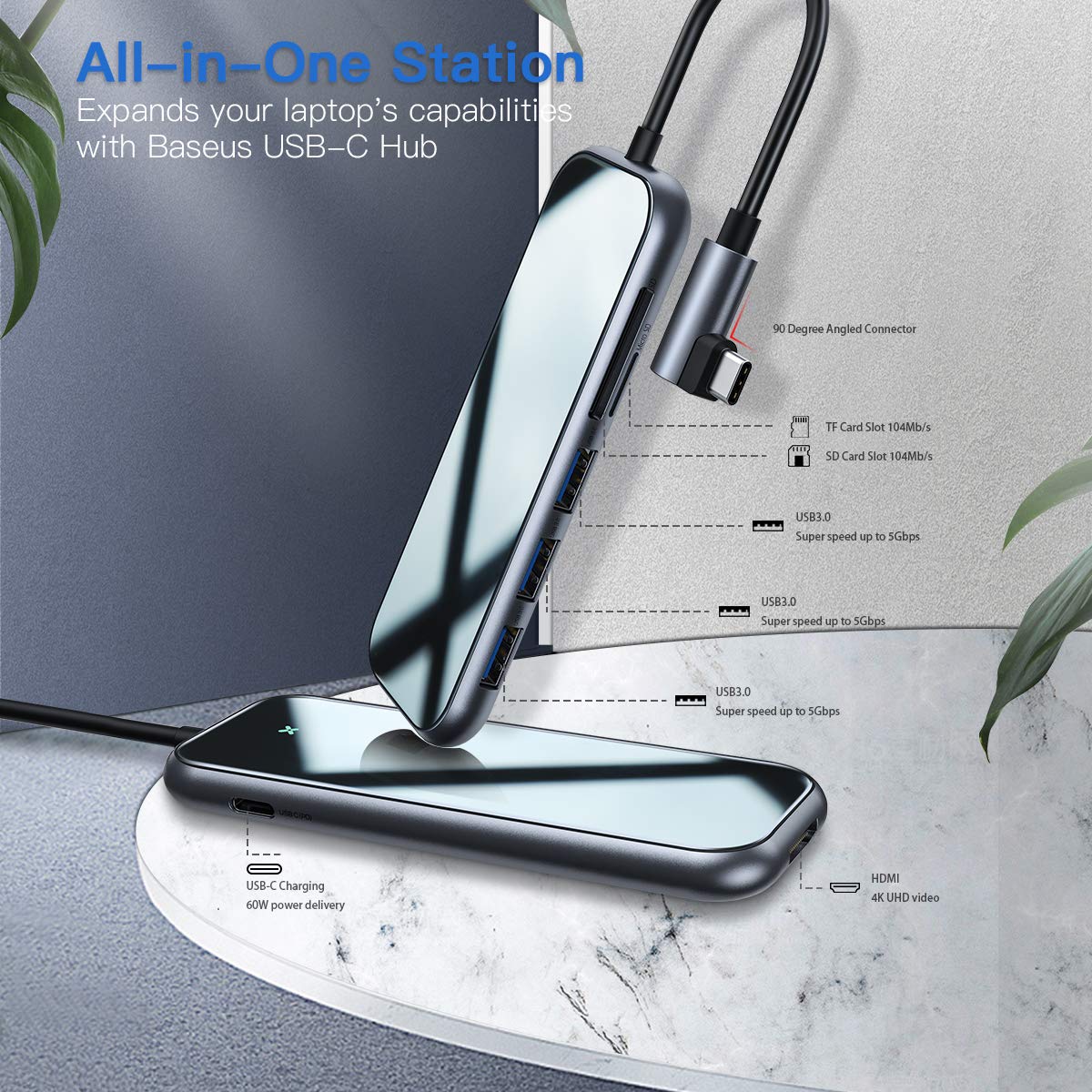 USB-концентратор Baseus Multi-functional HUB Type-C to USB3.0x3/ HDMI/ Type-C/ TF/ SD (CAHUB-CZ0G) для Macbook