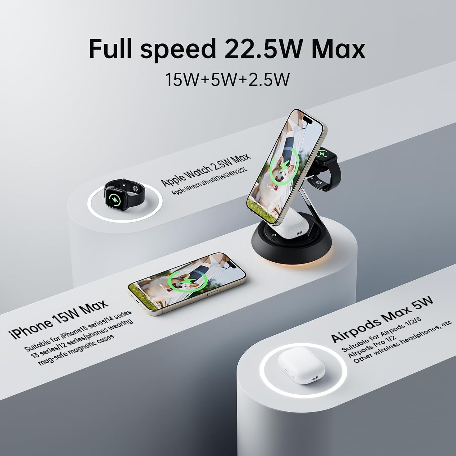 Беспроводное зарядное устройство Mcdodo 3in1 Night Light Magnetic Wireless stand 22.5W Black